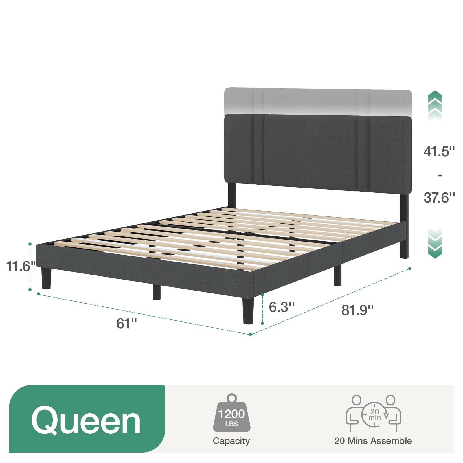 Novilla Adjustable Queen Bed Frame with Upholstered Headboard and Wood Slat Support - Dark Grey - WoodArtSupply