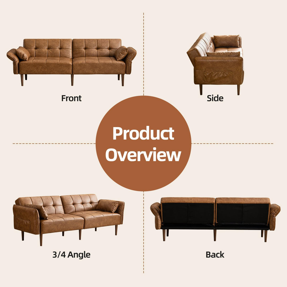 HALLYBEE 85” Futon Sofa Bed, Sleeper Sofa, Small Couch with Storage Adjustable Armrests Pillows, Faux Leather Loveseat, Mid Century Modern Couches for Living Room, Bedroom, Apartment, Brown HALLYBEE