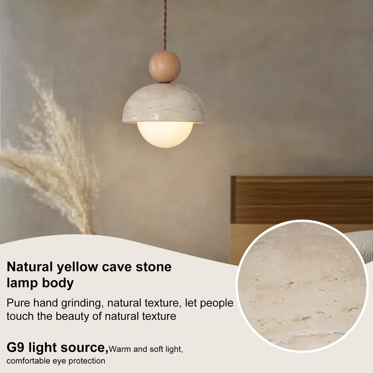 JIANTLAIUS 2PCS Japanese Wabi-Sabi Yellow Travertine Pendant Lamp Natural Stone Shade Pendant Light with Wood Hanging Light G9 Nordic Mini Pendant Lighting for Kitchen Island Dining Room JIANTLAIUS