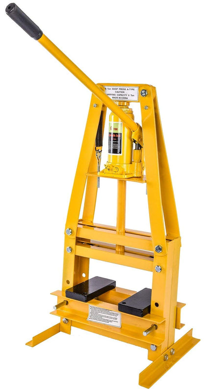 JEGS Hydraulic Shop Press | Steel With Yellow Finish | 6-Ton | Bench Top Mount | Up To 4 1/4-Inch Working Range | Includes 2 Press Plates | Lever-Action - WoodArtSupply