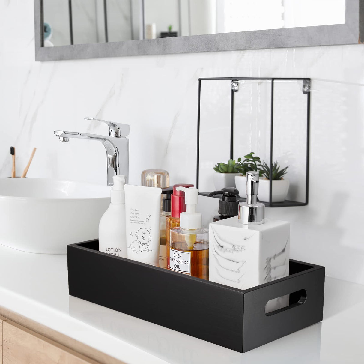 ALELION Black Bathroom Basket - Wooden Toilet Tank Paper Basket with Handle for Organizing - Back of Toilet Storage Organizer for Bathroom Tank Topper Counter - Black Bathroom Decor Box ALELION