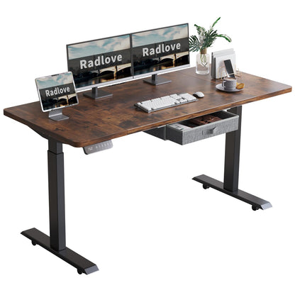 Radlove Dual Motors Height Adjustable 63 x 30'' Electric Standing Desk with Drawer Stand Up Table 4 Memory Keys, Computer Desk with Splice Board Home Office Desk, Rustic Brown Top + Black Fra - WoodArtSupply