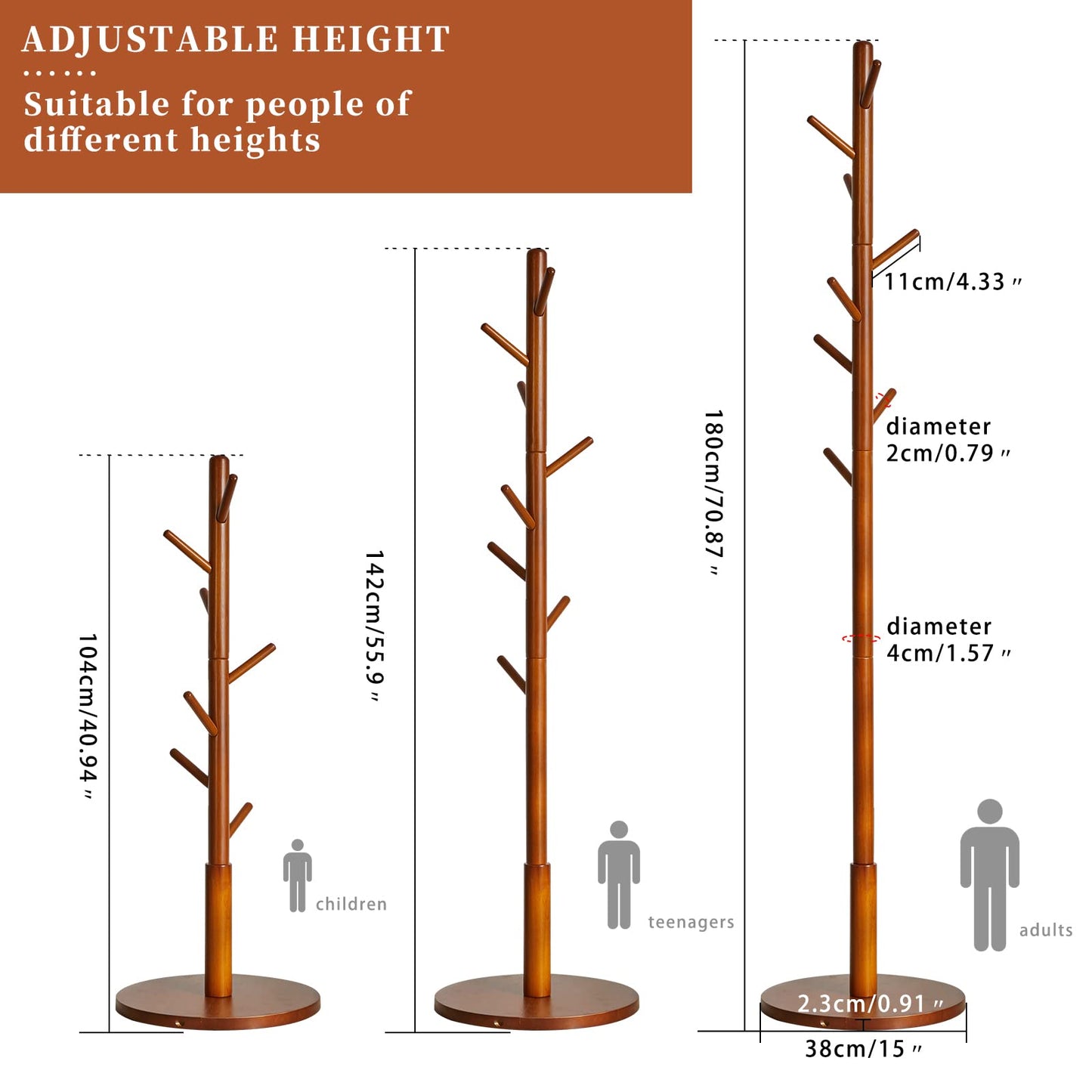 Aibiju Wood Coat Rack Freestanding, Coat Stand with 8 Hooks, Kids Coat Tree with 3 height options and Sturdy Base, Rustic Coat Rack Small Hall Tree Brown YD-1008