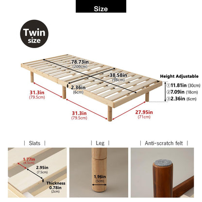 EMOOR Wood Slatted Low Bed Frame Fuji Twin for Japanese Futon Mattress (Retro-Brown), Height Adjustable (2/7/12in) Tatami Mat