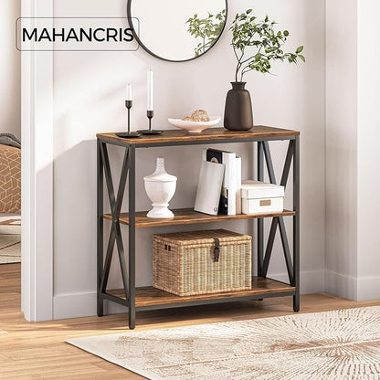 MAHANCRIS Sofa Table, Industrial Console Table, 3-Tier Narrow Side Table with Open Shelves, Foyer Table for Entryway, Hallway, Kitchen, Living Room and Bedroom, Easy Assembly, Rustic Brown CT - WoodArtSupply