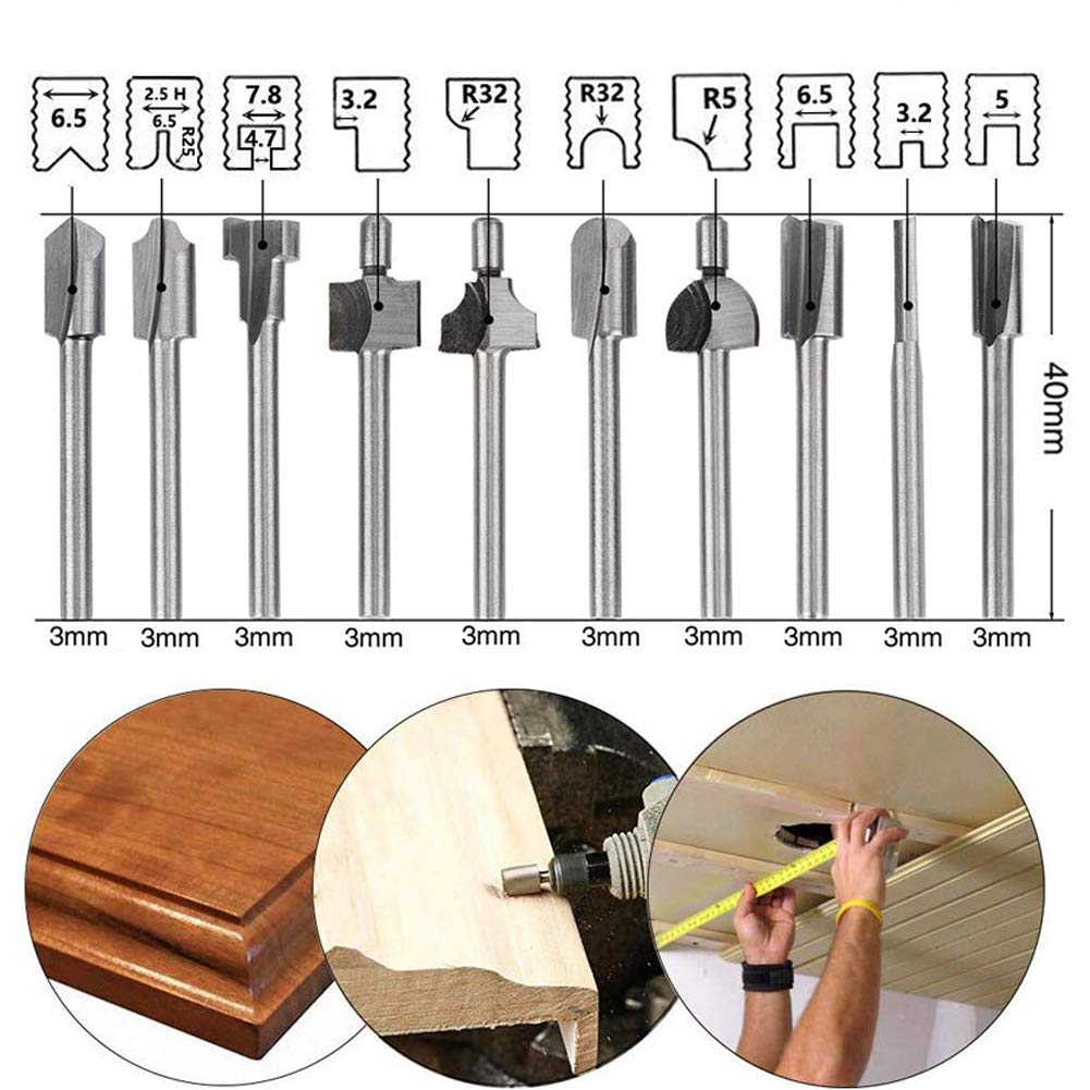 HSS Router Dremel Bits and Router Bit Set 1/8"(3mm) Shank for Power Rotary Tools Accessories for DIY Woodworking, Carving, Edge Treatment Grooving Wood, Drilling Rongon
