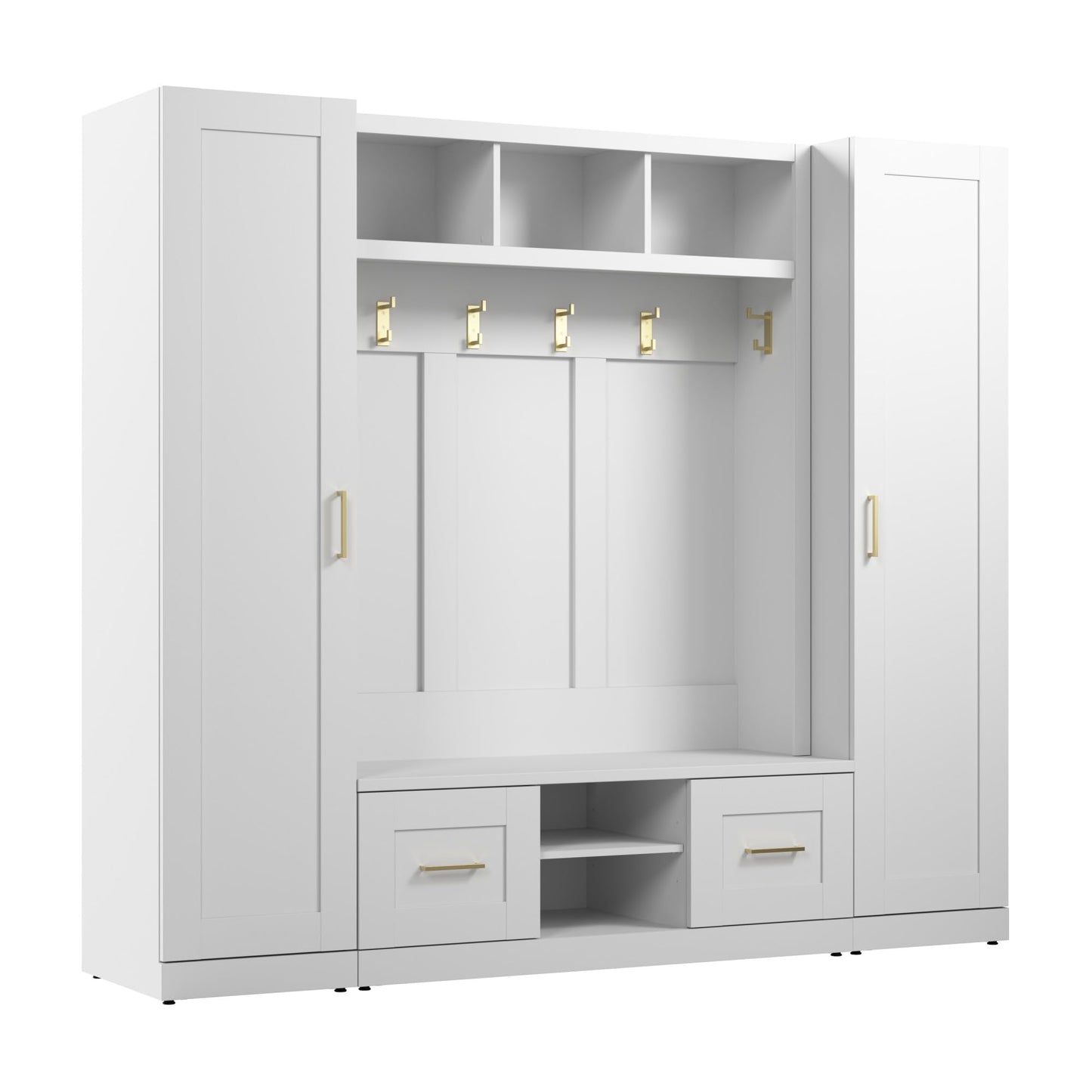 Bush Furniture Hampton Heights Full Entryway Storage Set with Hall Tree, Shoe Bench with Doors and Narrow Cabinets in White | Foyer, Mudroom Organizer - WoodArtSupply