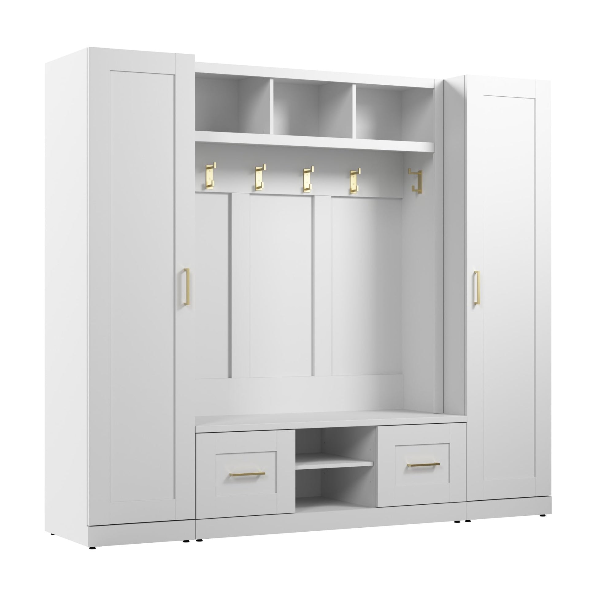 Bush Furniture Hampton Heights Full Entryway Storage Set with Hall Tree, Shoe Bench with Doors and Narrow Cabinets in White | Foyer, Mudroom Organizer - WoodArtSupply