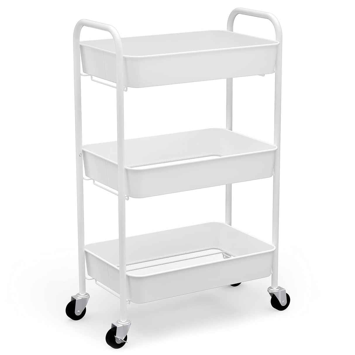 CAXXA 3-Tier Rolling Metal Storage Organizer - Mobile Utility Cart Kitchen Cart with Caster Wheels, White CAXXA