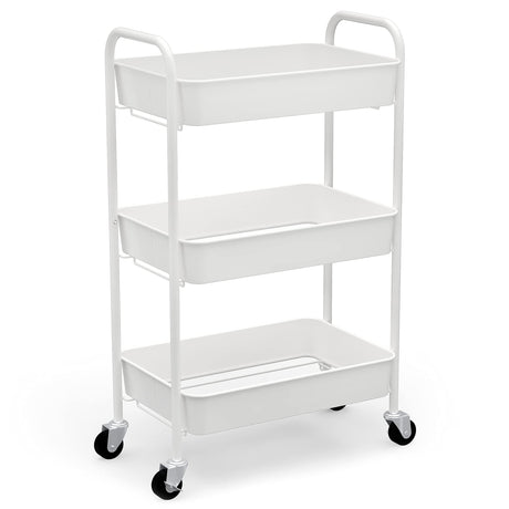 CAXXA 3-Tier Rolling Metal Storage Organizer - Mobile Utility Cart Kitchen Cart with Caster Wheels, White CAXXA