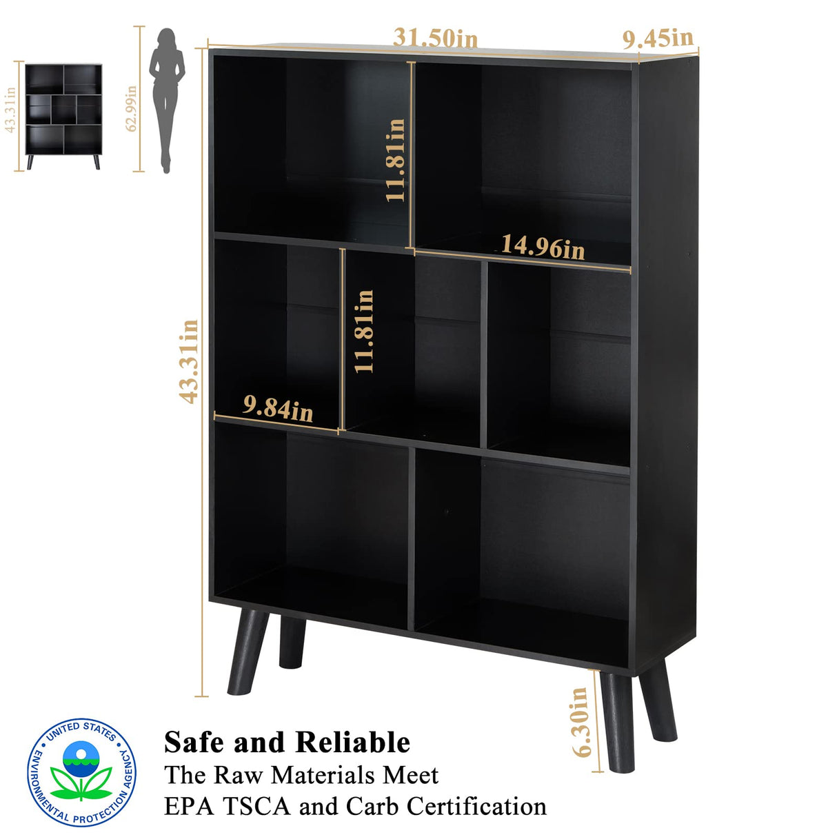YAHARBO Elegant Black 3-Tier Modern Bookshelf with Legs – Stylish Wooden Cube Organizer YAHARBO