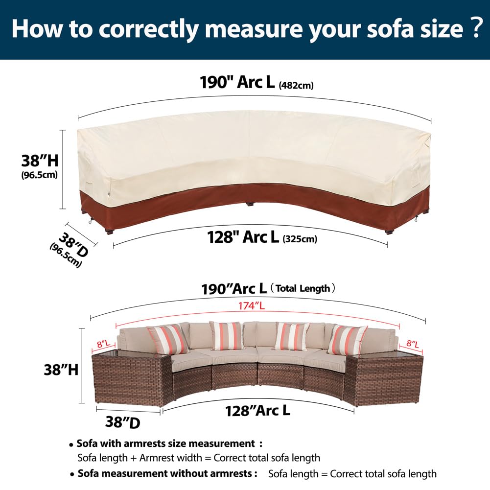 Westblue Curved Patio Furniture Covers-Outdoor Patio Furniture Sectional Covers Waterproof Reinforced Rip-Stop Anti-UV 600D Heavy Duty Outdoor Couch Cover with 3 Air Vent Sofa Cover 190"(128") Westblue