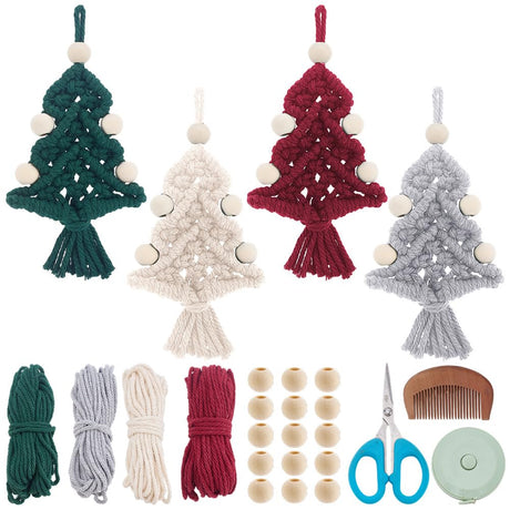 ACRNIGHEET 4 Sets DIY Macrame Christmas Tree Kit, Christmas Tree Macrame with Tassels Ornament Kit, Craft Kits for Adults Beginners with Step by Step Tutorial Instruction ACRNIGHEET