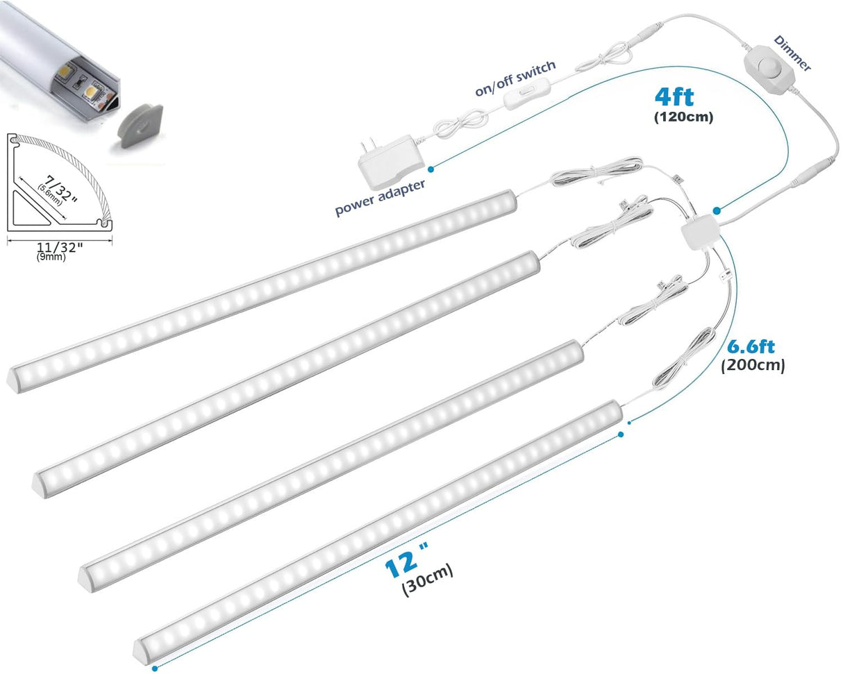 Cefrank V-Shape Under Cabinet Lighting Kit - 4pcs Sleeker 12" Dimmable LED Light Bars for Showcase Shelf Seamless Illumination - 1200lm, 12W - Pure White (6000K) Cefrank