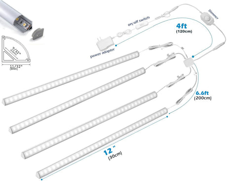 Cefrank V-Shape Under Cabinet Lighting Kit - 4pcs Sleeker 12" Dimmable LED Light Bars for Showcase Shelf Seamless Illumination - 1200lm, 12W - Pure White (6000K) Cefrank