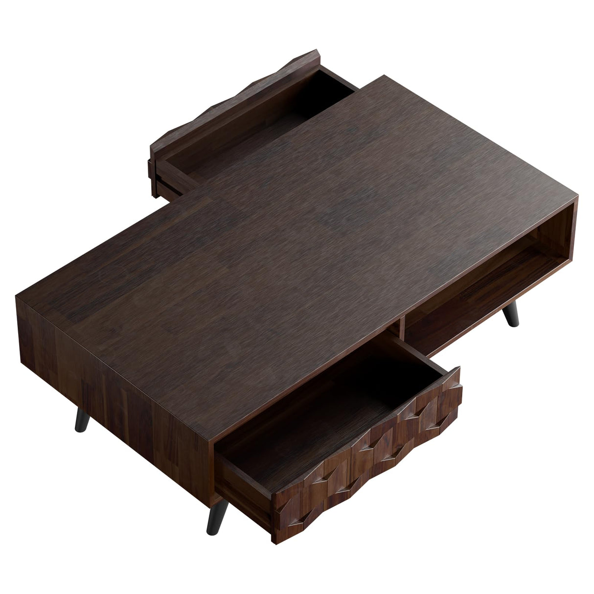 Bme Georgina Solid Wood Coffee Tables for Living Room, Coffee Table Mid Century Modern with 2 Symmetrical Storage Drawers & Geometric Details, Fully Assembled Center Table, Walnut Bme