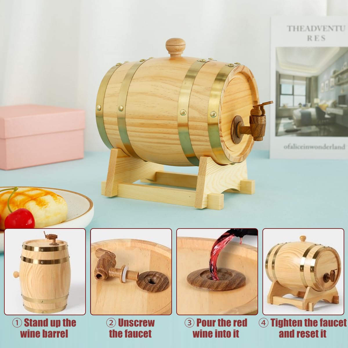 Mimoyalaso Wooden Wine Barrel - 1.5L Whiskey Barrel with Tap Pine Wood Beer Barrel Mini Whiskey Barrels for Home Alcohol Distiller Wine Storage Barrel for Wine Beer Brandy Whiskey Tequila Mimoyalaso