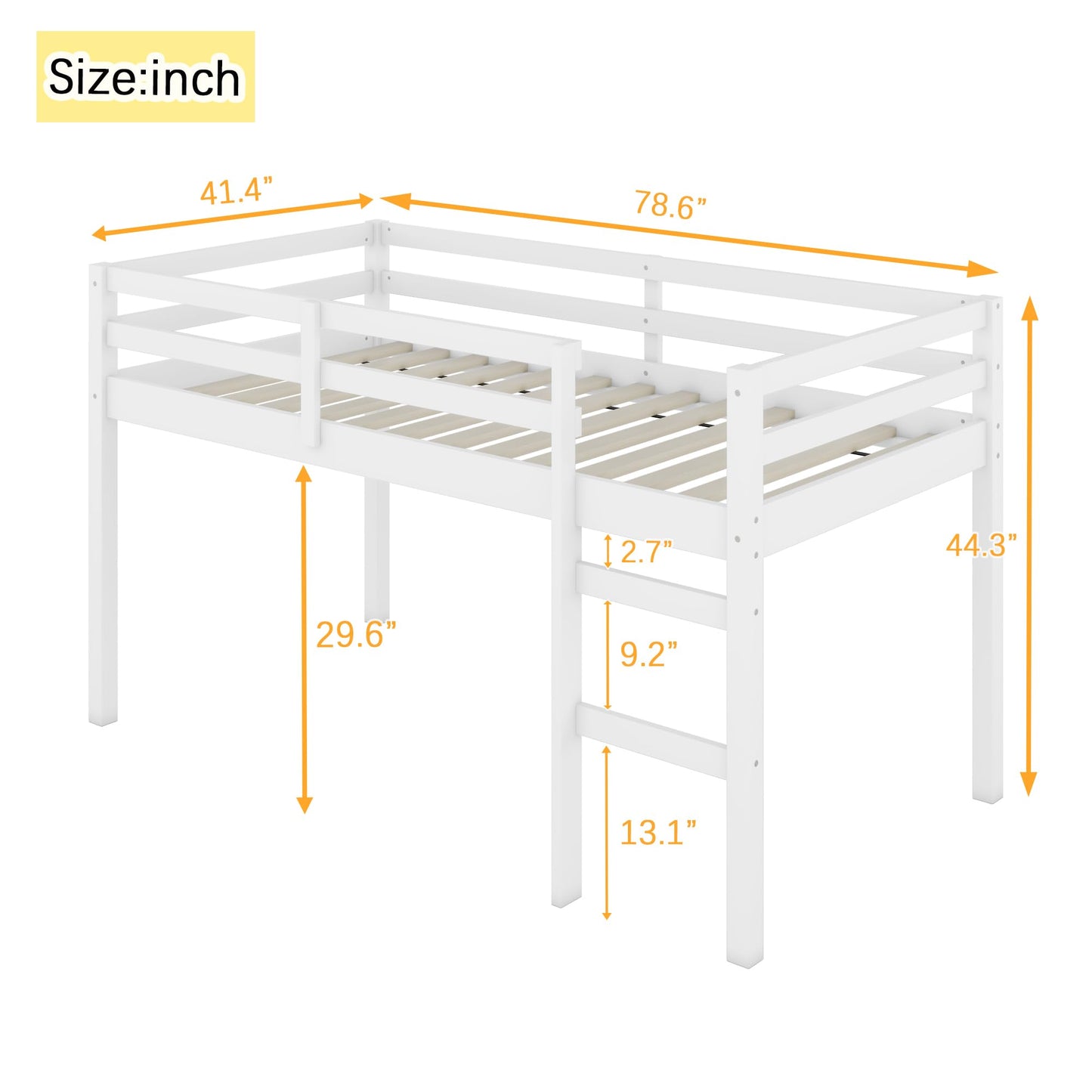 UOCFYK Twin Size Low Loft Bed for Kids, Solid Wooden Low Loft Bed Frame with Ladder and Guardrail for Small Room & Low Ceiling Bedrrom, No Box Spring Required, Slat Support, White