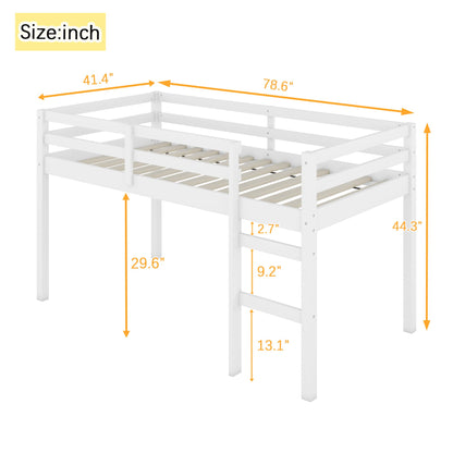 UOCFYK Twin Size Low Loft Bed for Kids, Solid Wooden Low Loft Bed Frame with Ladder and Guardrail for Small Room & Low Ceiling Bedrrom, No Box Spring Required, Slat Support, White