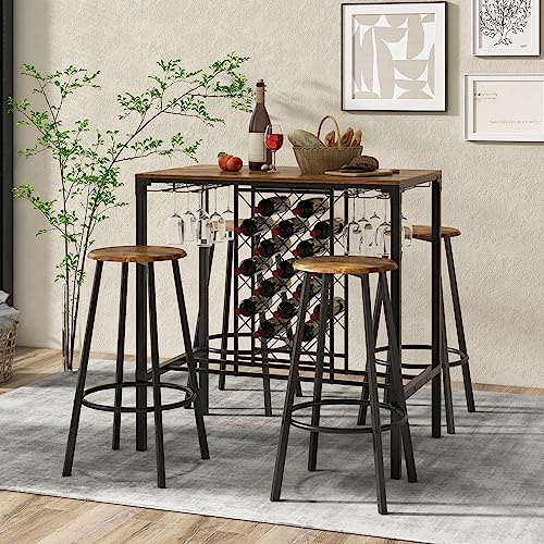 COSTWAY 5-Piece Bar Height Dining Set, 4-Person Table and Stools with Wine Racks & Glass Holders, Kitchen Breakfast Set for Home, Coffee Shop, Rustic Brown & Black COSTWAY