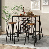 COSTWAY 5-Piece Bar Height Dining Set, 4-Person Table and Stools with Wine Racks & Glass Holders, Kitchen Breakfast Set for Home, Coffee Shop, Rustic Brown & Black COSTWAY