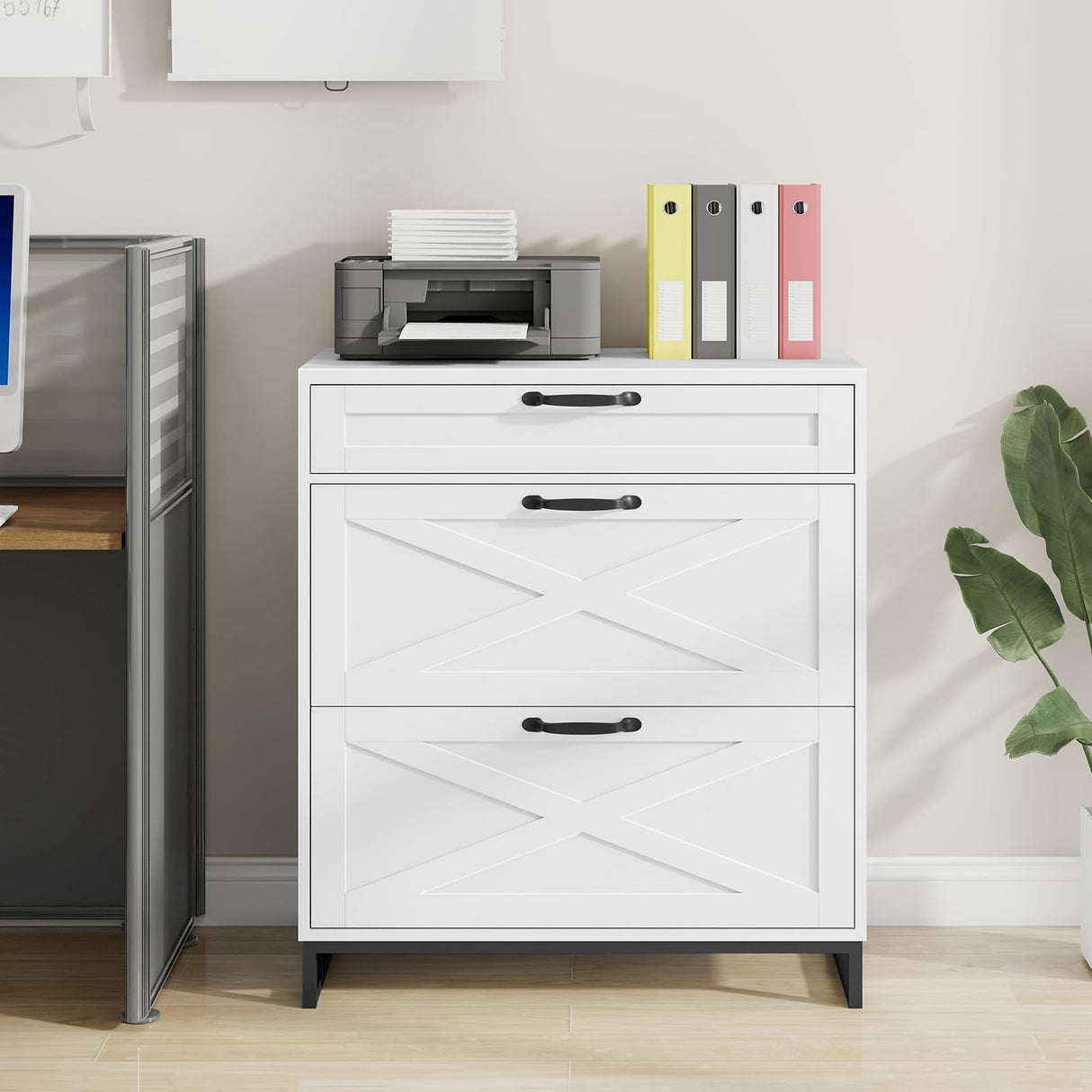 Lateral File Cabinet with 3 Drawers, Modern Farmhouse File Cabinet for Legal/Letter/A4 Size Hanging Files, Printer Stand Large Wood Home Office, White Vabches