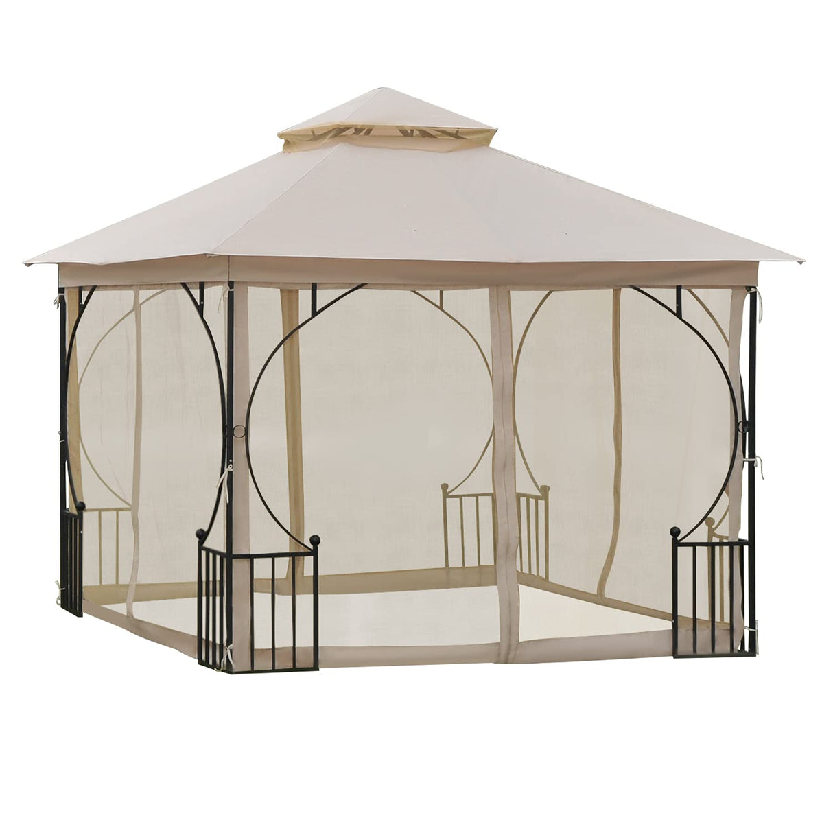 Outsunny 10' x 10' Patio Gazebo, Double Roof Outdoor Gazebo Canopy Shelter with Netting, Steel Corner Frame for Garden, Lawn, Backyard and Deck, Beige Outsunny