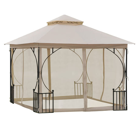 Outsunny 10' x 10' Patio Gazebo, Double Roof Outdoor Gazebo Canopy Shelter with Netting, Steel Corner Frame for Garden, Lawn, Backyard and Deck, Beige Outsunny