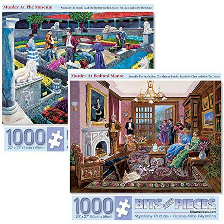 Bits and Pieces – Value Set of Two 1000 Piece Jigsaw Puzzles for Adults – Murder at the Museum, Murder at Bedford Manor - Mystery Jigsaw Puzzle by Artist Gene Dieckhoner Bits and Pieces