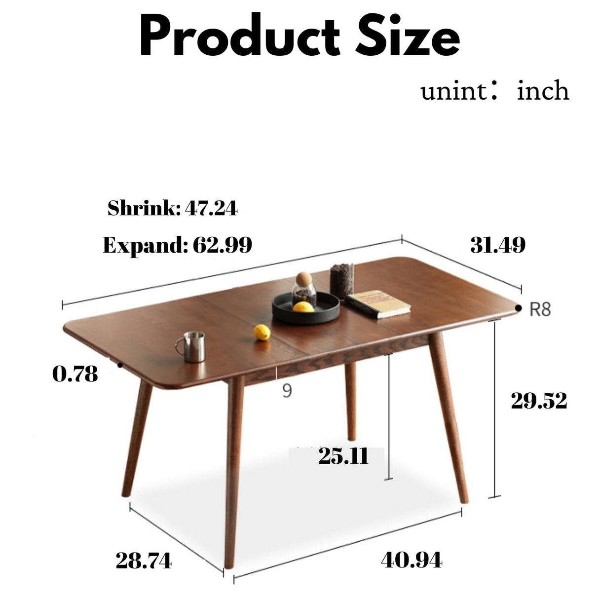 Grewood Extendable Dining Table - 100% Natural Oak Wood Telescopic Dining Table for 6-8 - Modern Dining Table with 47.24-63inch for Kitchen Room,Dining Room,Apartment (Walnut Color) Grewood