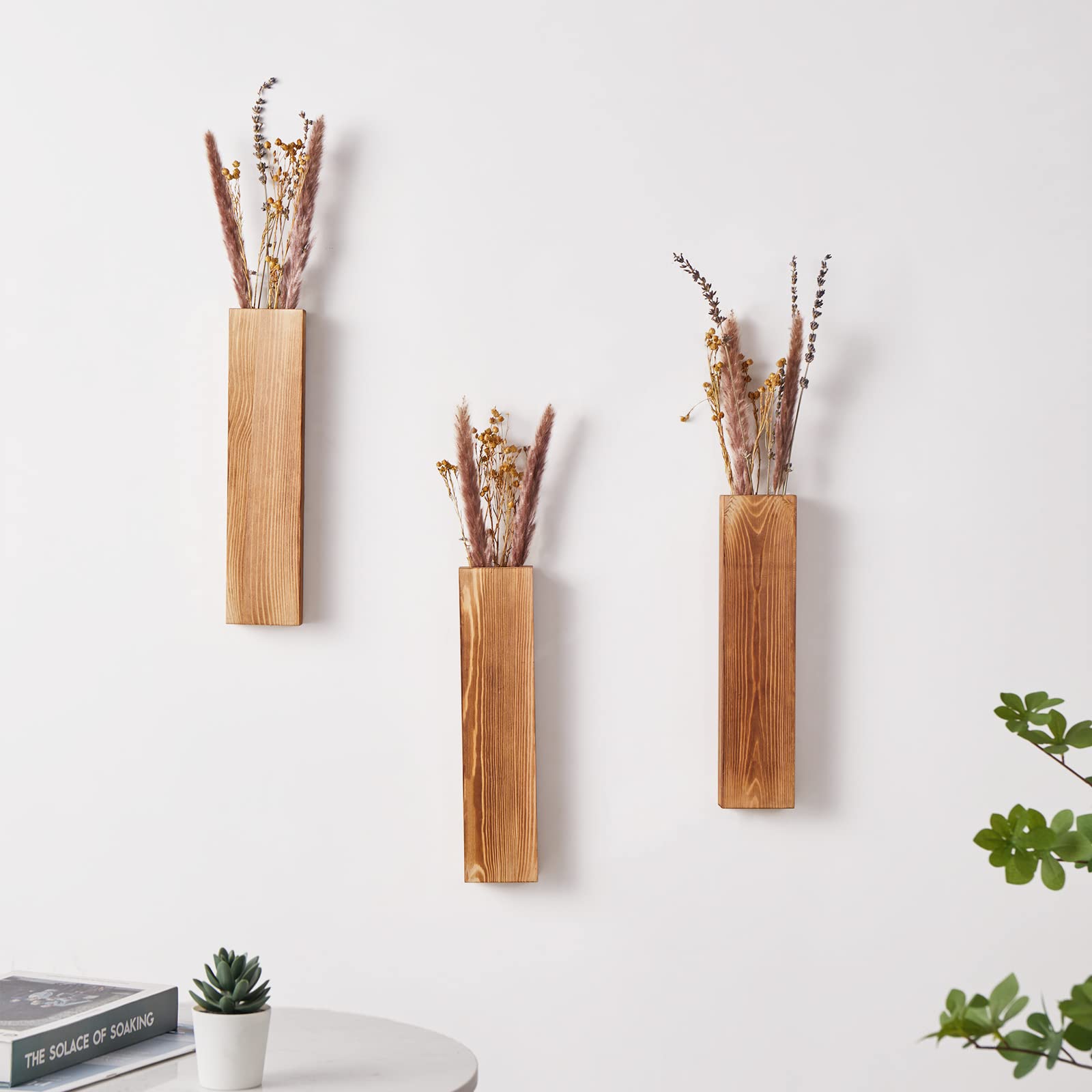 Mokof 3 Pack Wall Planters for Indoor Plants, Wood Wall Decor for Bathroom, Bedroom Living Room, Modern Farmhouse Wooden Pocket Wall Vases for Dried Flowers and Faux Greenery Plants (Brown) - WoodArtSupply