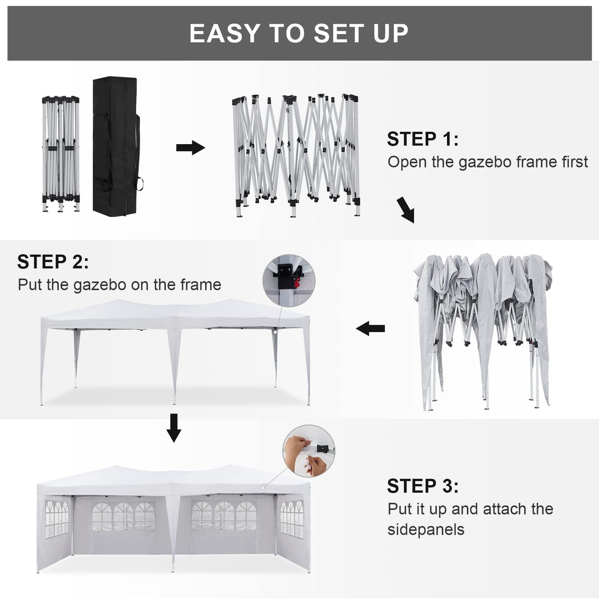 TUKAILAI 10' x 20' Pop Up Gazebo Marquee, Anti-UV Party Wedding Tent Event Shelters with 6 Removable Sidewalls & Carry Bag, Heavy Duty Instant Canopy for Outdoor Camping Garden Patio (White) TUKAILAi