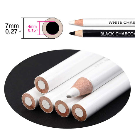 qianshan 2 Pcs Black White Color Charcoal Pencils, Professional Hight Quality Sketch Highlight Charcoal Wooden Pencils for Artist Drawing, Sketching, Blending, 2 Colors of 1 Black, 1White qianshan