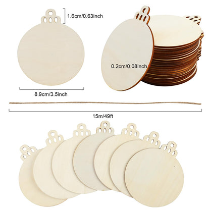 DERAYEE 60 Pcs Wooden Christmas Ornaments, Unfinished Wooden Slices Round Shaped Cutout Predrilled Wood Circles with Hole for Xmas DIY Crafts Holiday Hanging Decorations