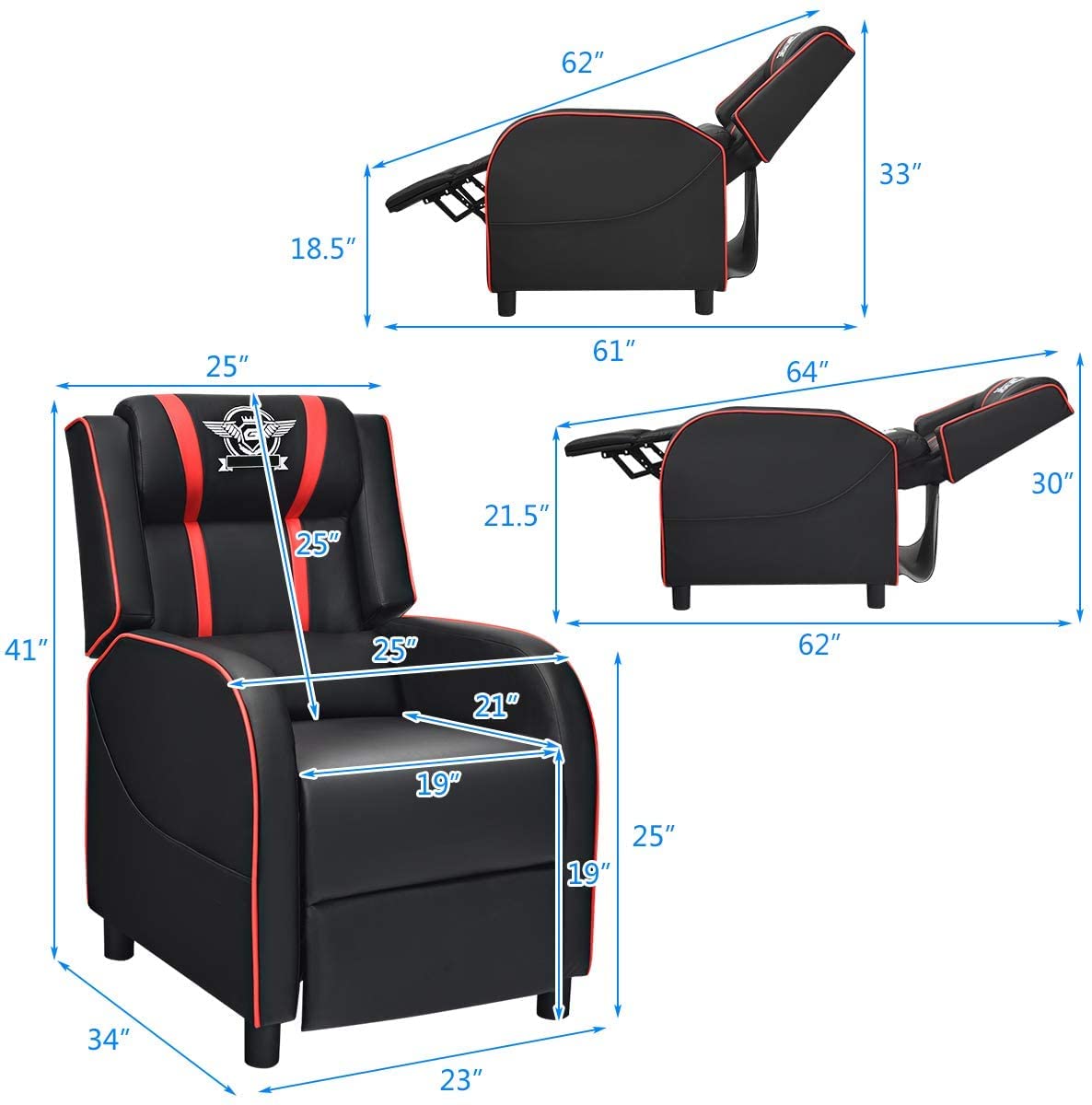 BUSHLY Adjustable Gaming Recliner Chair, Racing Style Massage Single Sofa with Headrest & Lumbar Pillow, PU Leather Video Recliner for Home, Movie Theater, Living Room, Game Room (Red) WoodArtSupply