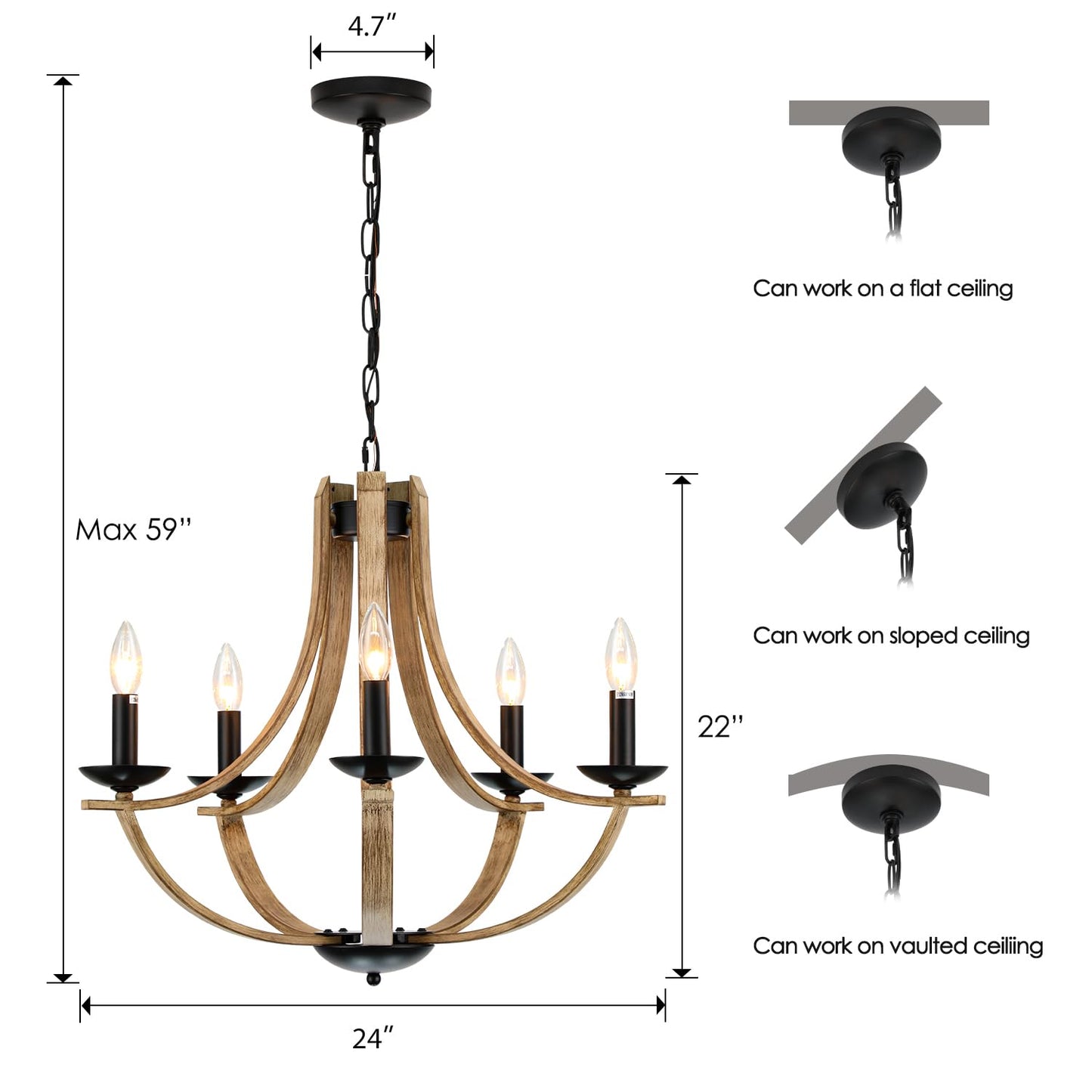 LAMPKEDUO Farmhouse Chandeliers for Dining Room Light Fixture, 5-Light 24 inch Faux Wood Texture Hanging Lighting Fixtures, Rustic Candle Chandeliers for Living Room Kitchen Island Foyer Entryway