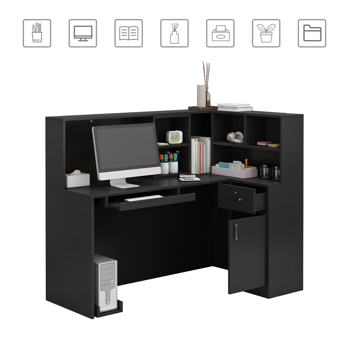AIEGLE L-Shaped Reception Desk Counter Table with Lockable Drawers & Storage Shelves, Private Workstation for Salon Reception Room Checkout Office, Black (55.9" L x 32.3" W x 48.4" H) AIEGLE