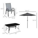 Outsunny 8 Pieces Patio Furniture Set with 9Ft Patio Umbrella, Outdoor Dining Table and Chairs, 6 Chairs, Push Button Tilt and Crank Parasol, Tempered Glass Top, Gray Outsunny
