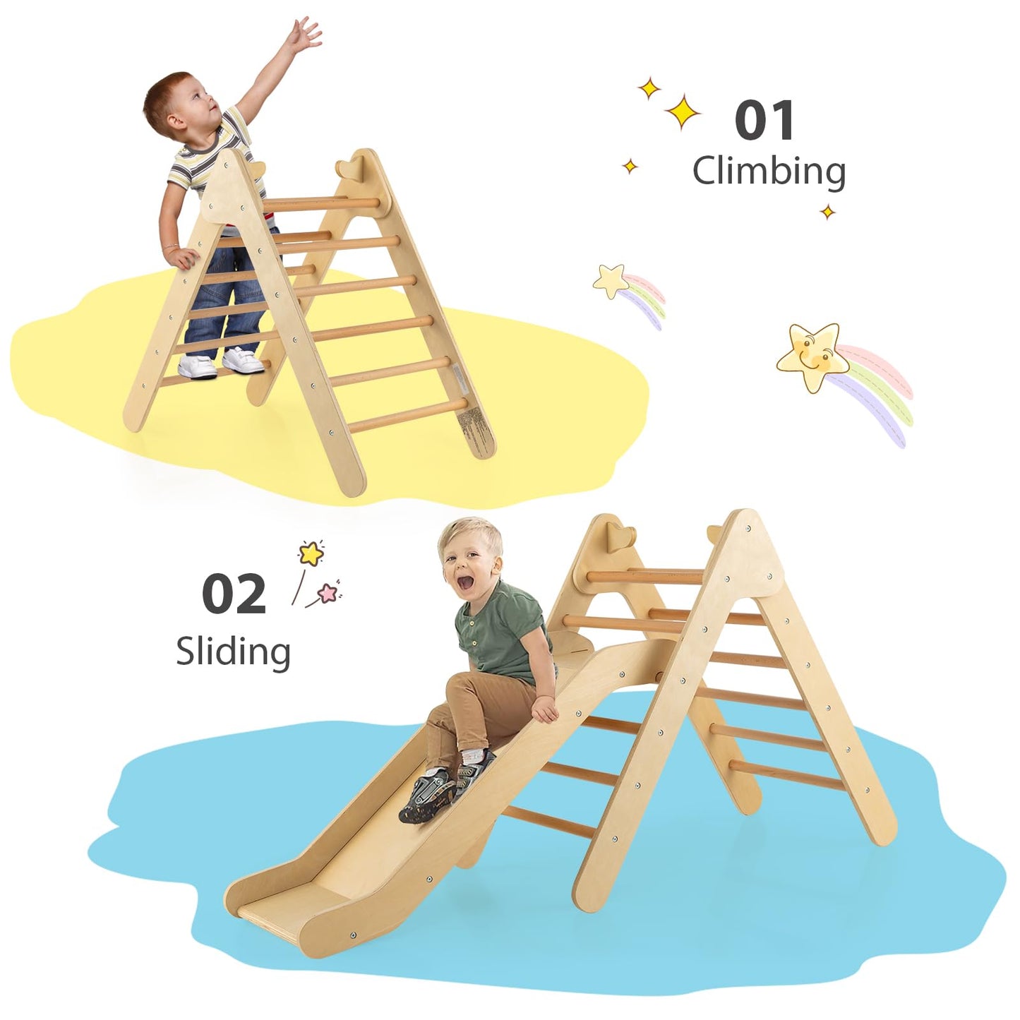 Olakids Toddlers Triangle Climber, 2 in 1 Montessori Kids Wood Climbing Toy with Ramp, Ladder, Slide for Gym Playground, Indoor Baby Climb Play Structure Activity Set for Boys Girls 1-3