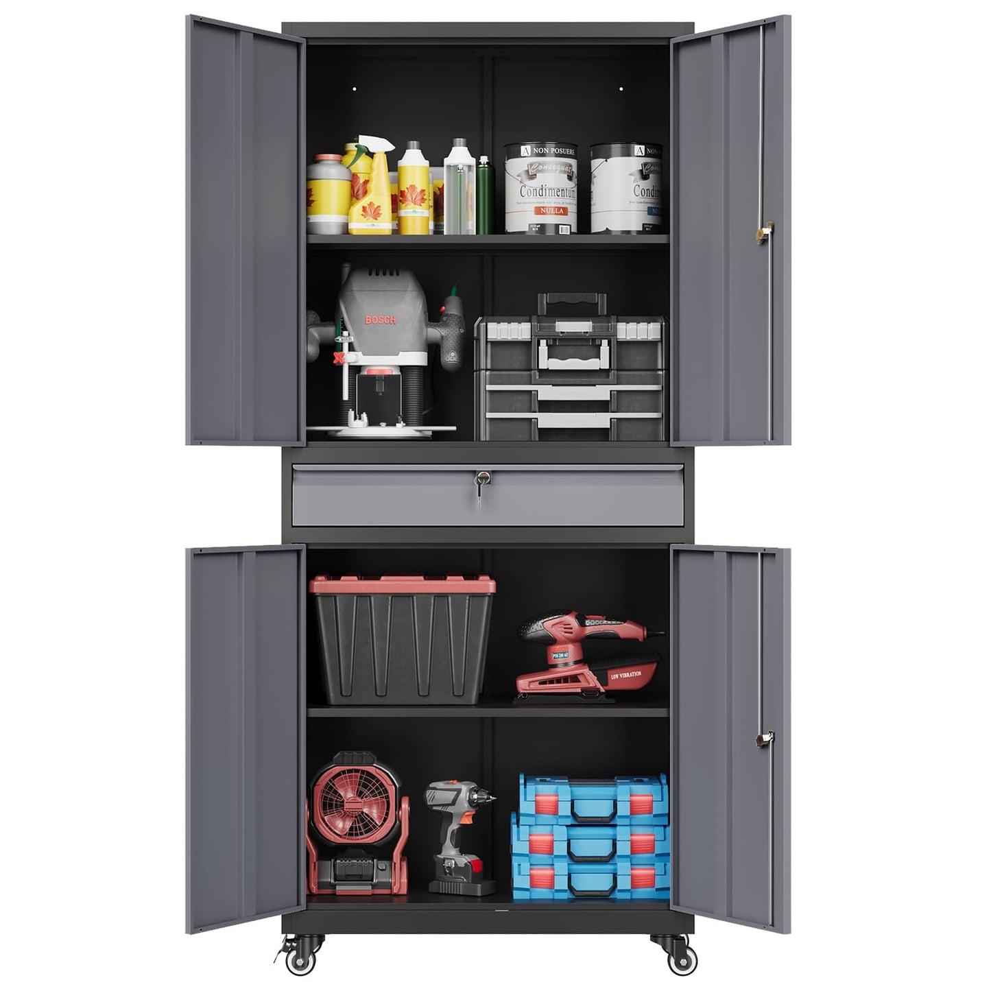 Fesbos 73" Metal Cabinet-Black&Gray Heavy Duty Rolling Storage Cabinet Steel Tool Cabinets with Wheels, Shelves, Lockable Doors and Drawers- for Garage, Pantry, Warehouse - Assembly Required