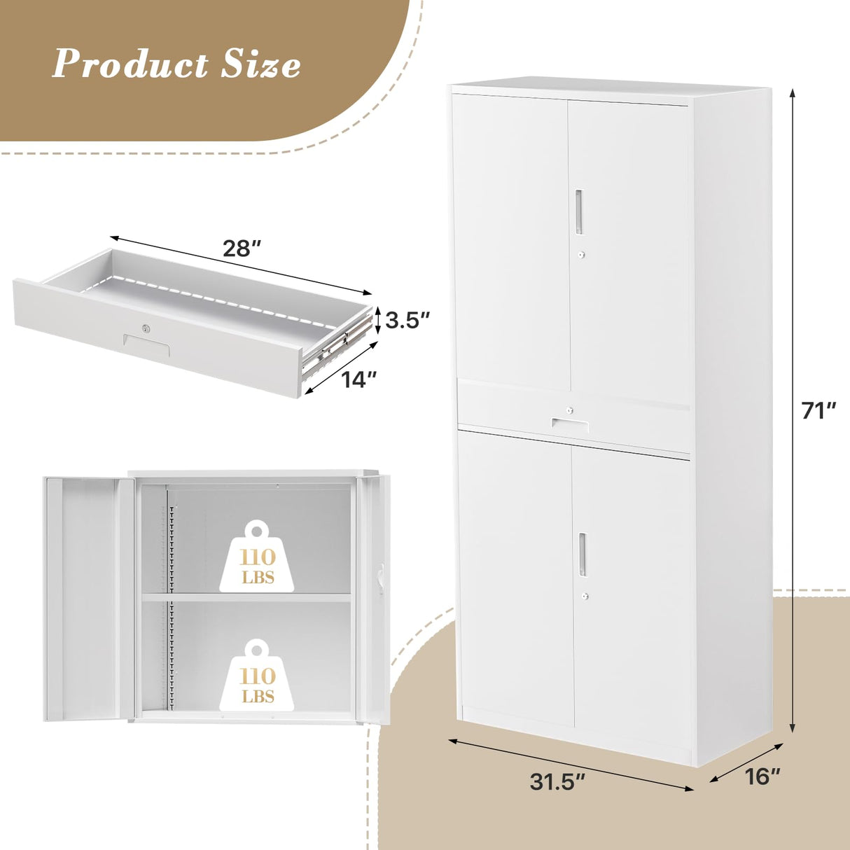 Athena Collection 4 Tier Metal Storage Cabinet with Drawer, 71" Garage Storage Cabinet with Adjustable Shelves, Lockable File Tool Tall Cabinet for Home Office Garage, White Athena Collection