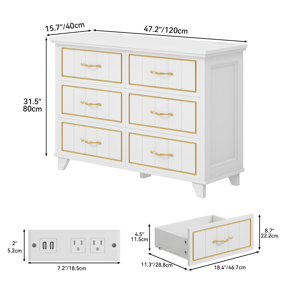 DWVO Farmhouse Wooden Dresser TV Stand with Power Outlet, 6-Drawer Dresser with Large Storage Drawers and Bar Handles, Ideal for Living Room, Hallway, 47.2" L x 15.7" W x 33.4" H - White & Walnut DWVO