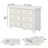 DWVO Farmhouse Wooden Dresser TV Stand with Power Outlet, 6-Drawer Dresser with Large Storage Drawers and Bar Handles, Ideal for Living Room, Hallway, 47.2" L x 15.7" W x 33.4" H - White & Walnut DWVO