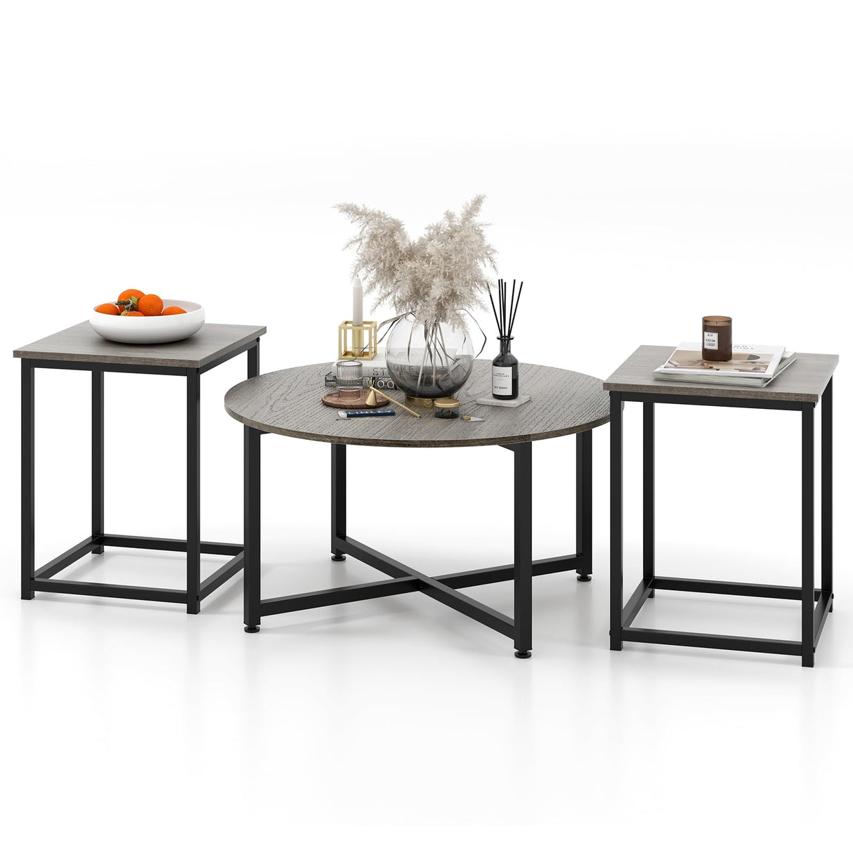 Giantex Round Nesting Table Set of 3, Farmhouse Coffee Table w/2 End Tables, Sturdy Metal Frame, 3-Piece Wooden Living Room Table Set for Home Office, Apartment (Black Oak) Giantex