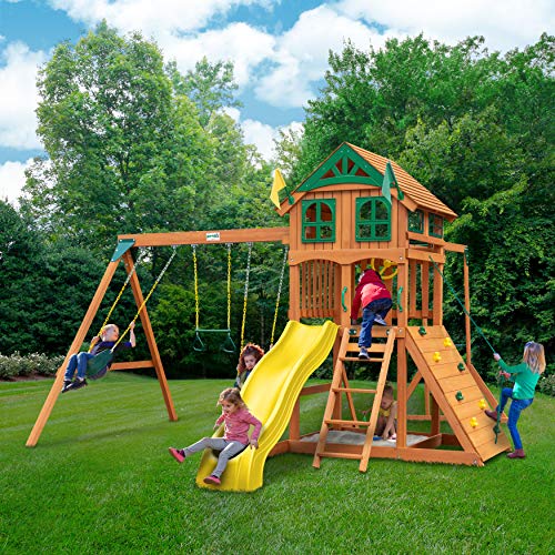 Gorilla Playsets 01-1069-Y Outing Wood Swing Set with Wood Roof and Monkey Bars - Yellow Slide, Amber Gorilla Playsets