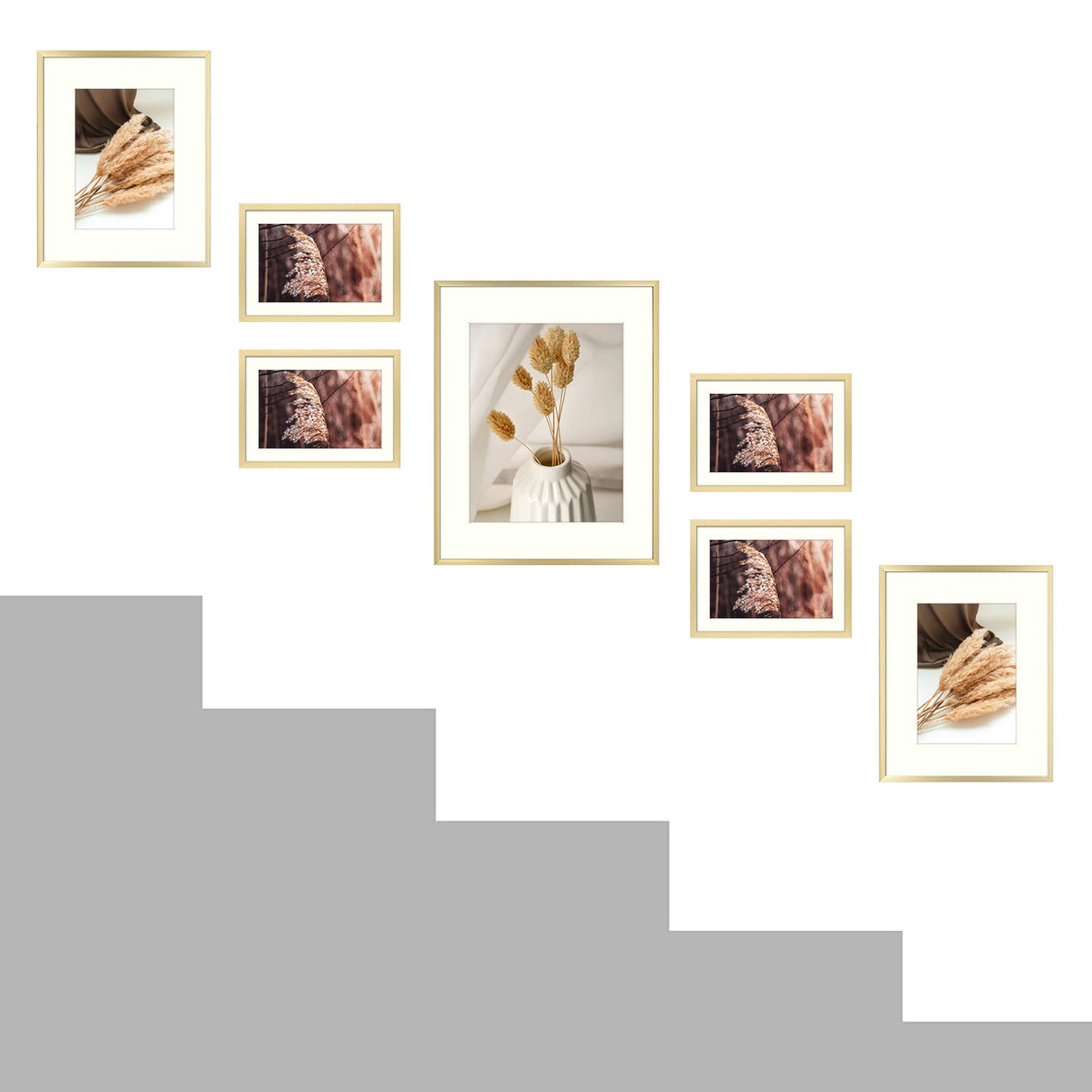 Golden State Art, 7 Pack, One 11x14, Two 8x10, and Four 5x7 Pictures. Aluminum Photos Frame for Wall or Tabletop Display (Gold) Golden State Art