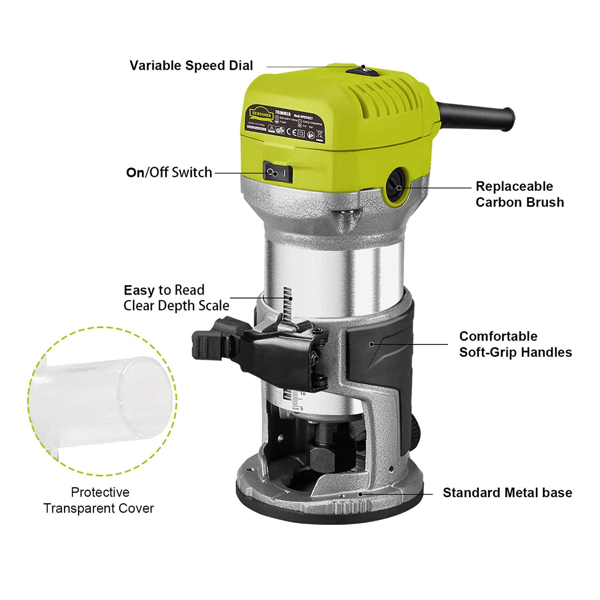 DEWINNER Electric Router Tool, 710W 13000-33000 RPM 6 Variable Speed Wood Router for Woodworking with 3 Clamps and 5 Router Tool Bits DEWINNER