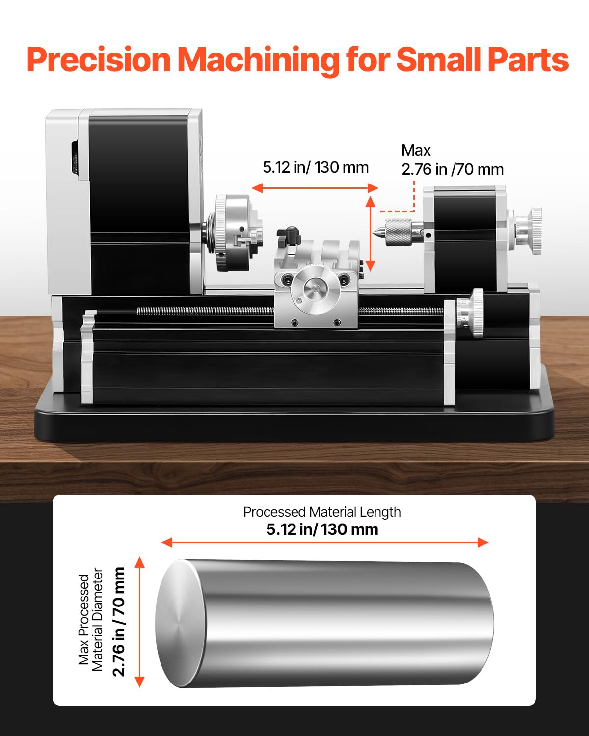 VEVOR Didactical Mini Metal Lathe Machine, 2.76 x 5.12 in, 36W Power Metal Lathe, 20,000 RPM Speed, with 3-jaw Chuck, Aluminum Alloy Handwheel, for Processing Precision Parts Soft Metals Wood Plastics VEVOR