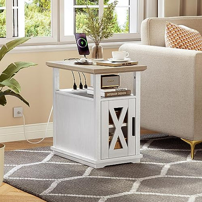 YITAHOME End Table with Charging Station, Narrow Side Table with Storage Adjustable Shelf, Farmhouse Nightstand with Door for Living Room, Bedroom, Grey Wash