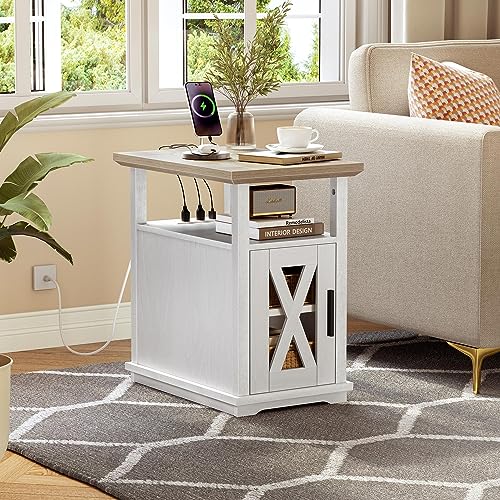 YITAHOME End Table with Charging Station, Narrow Side Table with Storage Adjustable Shelf, Farmhouse Nightstand with Door for Living Room, Bedroom, Grey Wash - WoodArtSupply